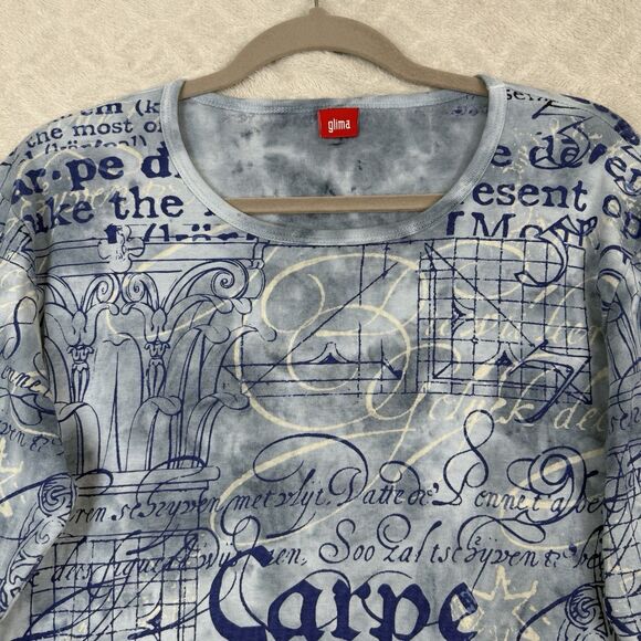 Vtg Y2K Glima 3/4 Sleeve Baby Tee Womens XL Blue Graphic Carpe Diem Grunge 90s - Picture 2 of 10